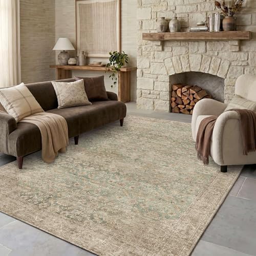 5x7 Washable Boho Area Rug, Nonslip Beige Green for Bedroom Nursery by LULLOSA