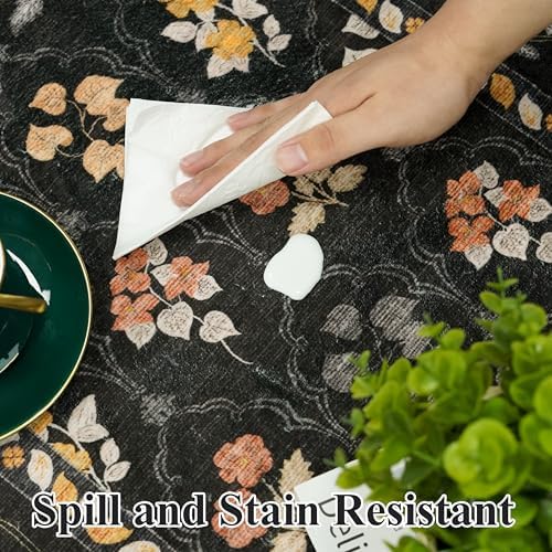 Washable Kitchen 2x10 Runner Rug: Non-Slip Long Hallway Entryway Rugs Indoor Low Pile Carpet for Bedroom Laundry Stain Resistant Vintage Soft Thin Floor Decor Mat for Bathroom (Floral/Black,2x10) - Image 5