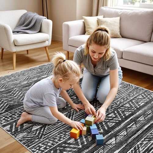 4x5 Area Rug Washable Moroccan: Non Slip Entryway Floor Mat Charcoal Gray by Ksrau