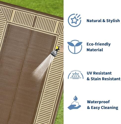 GAOMON Large Outdoor Camping Rug 9x18 Modern Bordered Reversible Outdoor Carpet Foldable Retro Plastic Straw Rug Portable Outside Patio Rugs Floor Mat for Porch, Beach, Balcony, Backyard,Border-Brown - Image 5