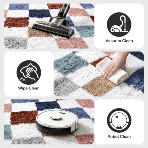 Shag Area Rug for Bedroom Living Room,6x9 Fluffy Soft Colorful Checkered Rug Fuzzy Shaggy Bedroom Carpet,Indoor Plush Floor Rugs for Teen Dorm Home Decor - Image 4