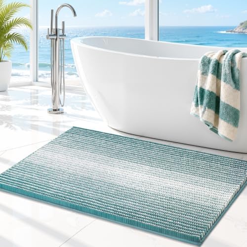 BSICPRO Large Chenille Bathroom Rugs, 24x36 Striped Bath Mats, Aqua Green by BSICPRO