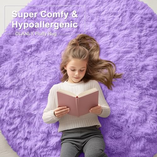 OLANLY Purple Round Rugs for Bedroom - Machine Washable, 8 ft Circle Area Rugs for Living Room, Soft and Fluffy Shaggy Carpet for Teen Girls and Boys, Nursery Rooms, Dorms, Home Decor Aesthetic - Image 6