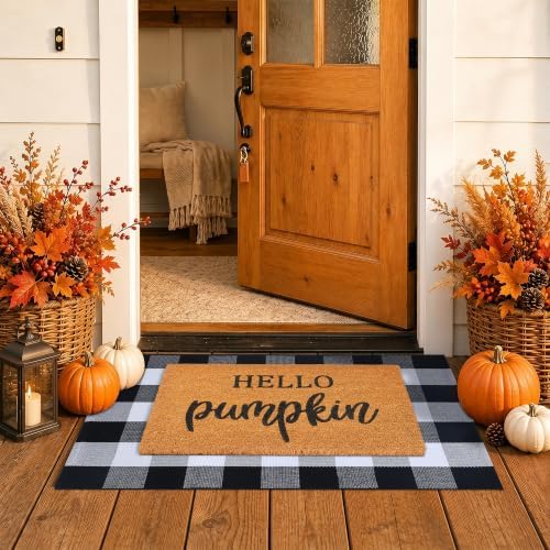 Fall Decor Door Mat Combo Set, 100% Coco Coir Welcome Mat + 28 x 43 Inches Black and White Plaid Rug - Fall Thanksgiving Front Porch Entryway Floor Doormat, Indoor Outdoors Autumn Mats Hello Pumpkin by Homydecor