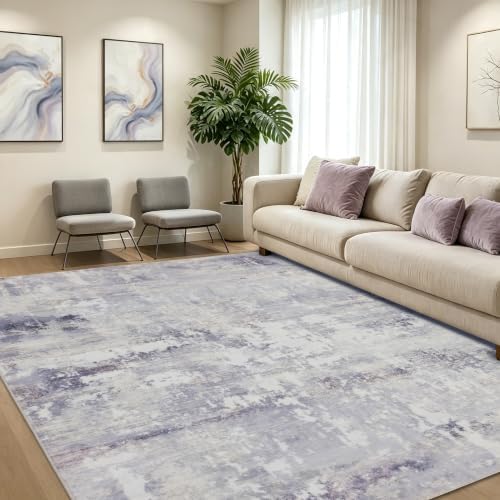 RCTJHOME 8x10 Dusty Lavender Accents Abstract Neutral Modern Washable Rug by RCTJHOME