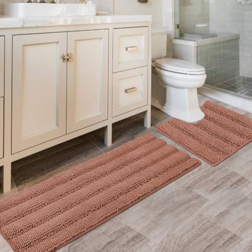 H.VERSAILTEX Bathroom Rugs Bath Rug Set 2 Piece Bathroom Contour Rug Toilet Mat Non Slip Contour Bath Rug Ultra Thick Water Absorbent Striped Bath Mats Washable(47" x 17" Plus 20" x 20" U, Muted Clay) by HVERSAILTEX
