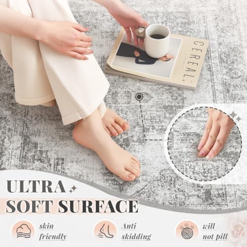Area Rug 4x6 Vintage Rugs: Washable Indoor Medallion Rug Low Pile Distressed Floor Carpet Retro Accent Rugs for Living Room Bedroom Kitchen Dining Table Home Office(Grey, 4'x6') - Image 5