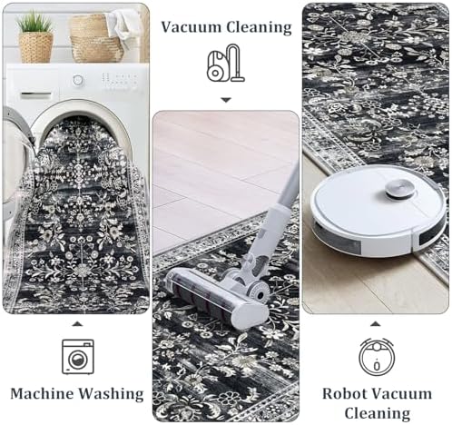 Yamaziot 2x10 Washable Hallway Runner Rug Non Slip Floral Carpet, Black - Image 4