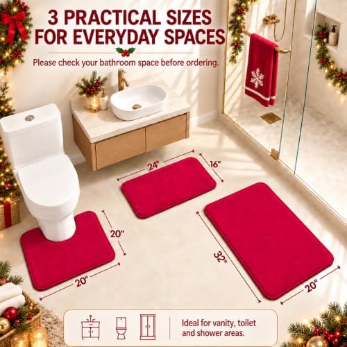RUN HELIX Bathroom Rugs Sets 3 Piece, Soft Absorbent Memory Foam Bath Mats Set, Dry Fast Bath Mat, Machine Washable Bath Rug Set for Bathroom （Christmas Red） Bathrom Decoration - Image 2