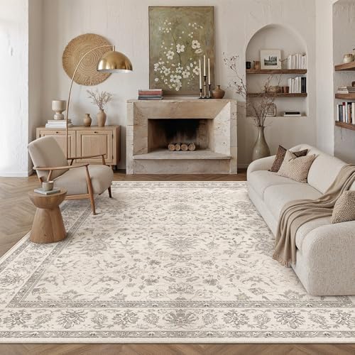 PureCozy Beige 9x12 Washable Area Rug Neutral Vintage Floral Carpet - Image 2