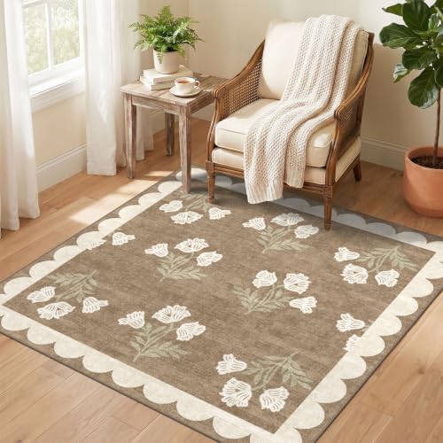 Tan Square Rug 4ft - Soft Washable Boho Farmhouse Square Entryway Rug Non Slip 4x4 Stain Resistant Cottage Floral Scalloped Throw Rugs for Living Room Bedroom Dining Room Bathroom Nursery by Othilic