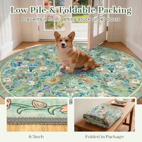 nesrt Boho Washable Round Bird Rug 8ft for Living Room, Soft Non-Slip Large Indoor Circle Rug, Low Pile Jungle Floral Decorative Nursery Carpet for Bedroom Dining Room Farmhouse Playroom (Green) - Image 6