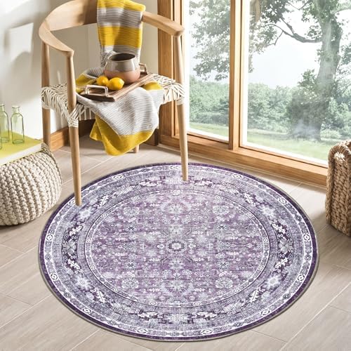 OPPODREAM Vintage Purple Area Rugs 3' Round, Washable Rug for Living Room by OPPODREAM