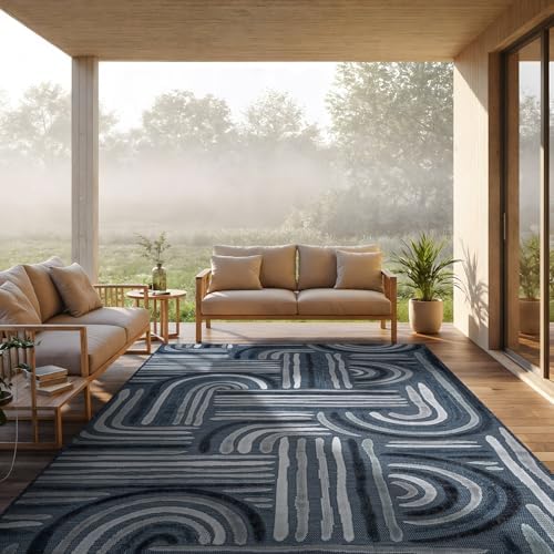 CAMILSON Indoor Outdoor Rug, Navy Blue 8x10 Geometric Arch Striped Area Rugs for Patio and Home Areas, Easy-Cleaning Non-Shedding Living Room, Garden and Deck Washable Outside Carpet (8 x 10) - Image 4