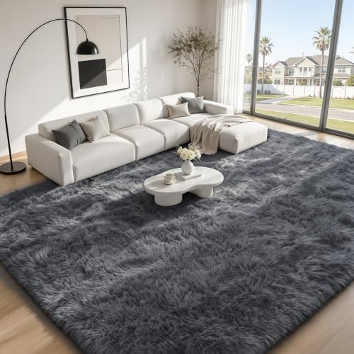 TENGTENGLINK 9x12 Fluffy Shag Area Rug Living Room Bedroom Washable Grey - Image 3