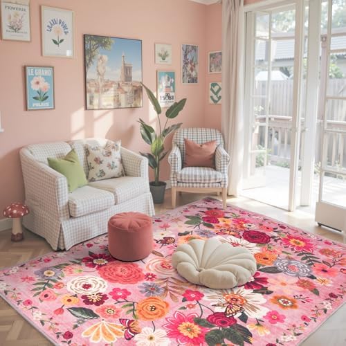 Pink Floral Area Rug 4x6 for Bedroom Living Room by WelcometoBabovid