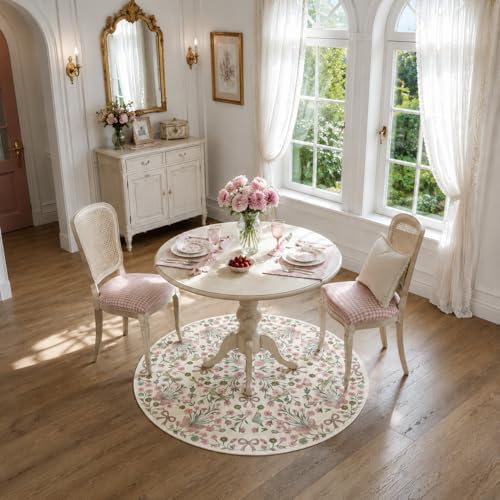 4ft Pink and Green Floral Butterfly Bow Round Nursery Rug - Image 3