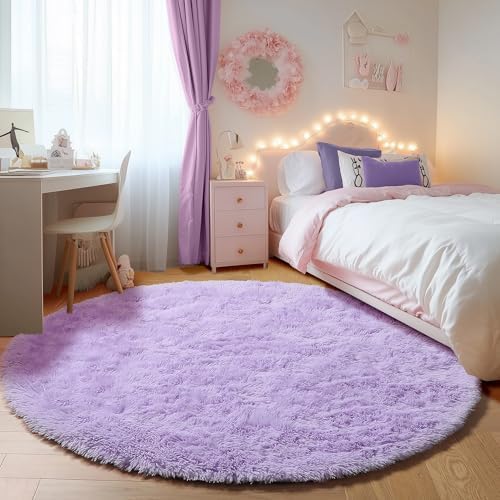 Light Purple Fluffy Round Rug Circle Area Rugs 4ft for Girls Kids Bedroom - Image 5