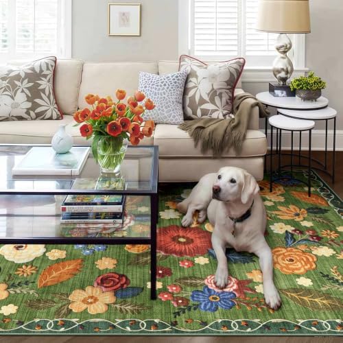 Washable 5x8 Area Rug, Green Boho Floral Non-Slip for Living Room, Bedroom - Image 3