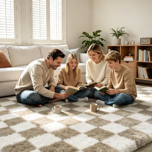 Checkered Area Rugs for Living Room 6x9, Fluffy Beige and White Checkered Rug Fuzzy Shag Shaggy Carpets for Bedroom, Soft Plush Furry Rug for Teen Room Dorm Home Decor - Image 2