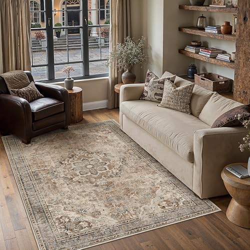 PureCozy Brown Area Rug 4x6 Living Room Vintage Floral Non-Slip Carpet by PureCozy