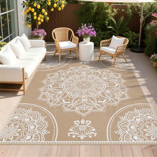 Pauwer Waterproof Outdoor Rug 8x10, Plastic Straw Patio Mat, Floral Brown by Pauwer