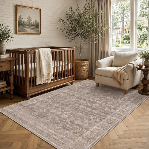 Entryway Washable 3x5 Area Rug Non-Slip Boho Throw Carpet Taupe Wheat - Image 2