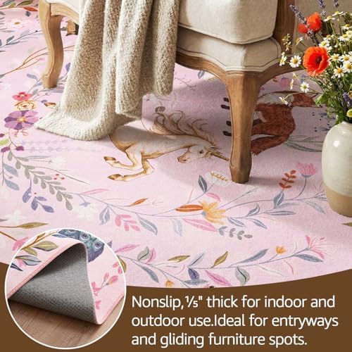 jinchan 5ft Round Rug Washable Kids Rug Whimsical Playroom, Lavender Pink - Image 6