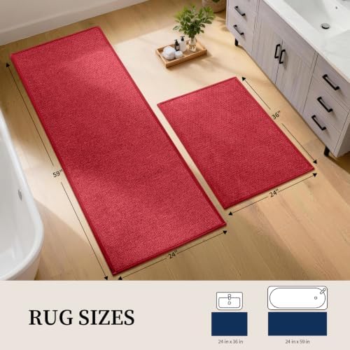 YIHOUSE Long Large Bathroom Rugs Sets 2 Piece, Quick Dry Thin Bath Mat, Non Slip Absorbent Machine Washable, Bath Runner Rug for Tub Sink Home Decor (24"x36" + 24"x59",Red) - Image 2