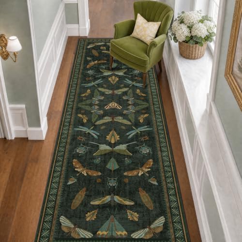 Washable Insect 2x8 Long Runner Rug for Hallway - Stain Resistant Kitchen Rug Non Slip, Indoor Floor Mats for Entryway with Nature Butterfly Design, Low Pile & Soft (Dark Green) by HazoHaus
