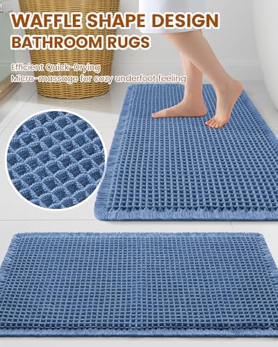 Smiry Waffle Bath Mat 47X24, Extra Soft Absorbent Bathroom Rugs, Blue - Image 2