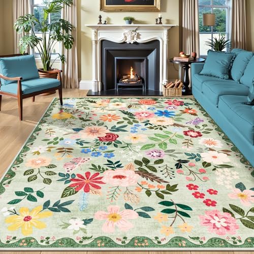 PLHXFR Area Rug 10x12 Living Room: Floral Washable Boho Soft Carpet Green by PLHXFRSoftAreaRugs