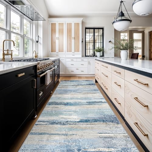 Abstract 4x10 Kitchen Runner Rug - Indoor Washable Non Slip Rugs for Hallway Bedroom Living Room Office Wide Stain Resistant Carpet Soft Modern Home Decor Floor Mat for Bathroom 4x10 Blue by YOUFORTONG