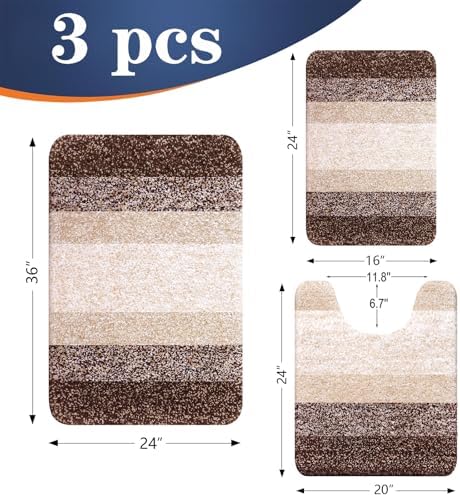 OLANLY Microfiber Bathroom Rugs Sets 3 Piece, Absorbent Bath Mats, Brown - Image 2