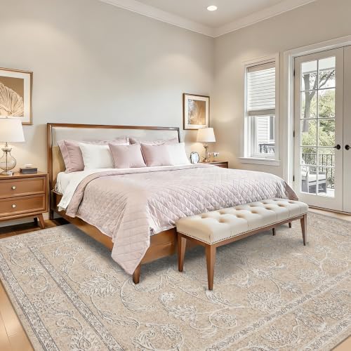 RCTJHOME 9x12 Beige Grey Vintage Floral Washable Area Rug Non-Slip Carpet - Image 3