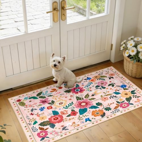 Floral Washable 2x4 Area Rugs Runner Entryway Hallway Pink by RELEANY