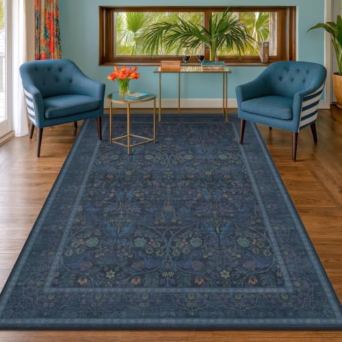 Navy Blue 6x8 Washable Area Rug for Living Room, Low Pile Soft Non Slip Rugs for Dining Room Bedroom, Vintage Floral Carpet - Image 3