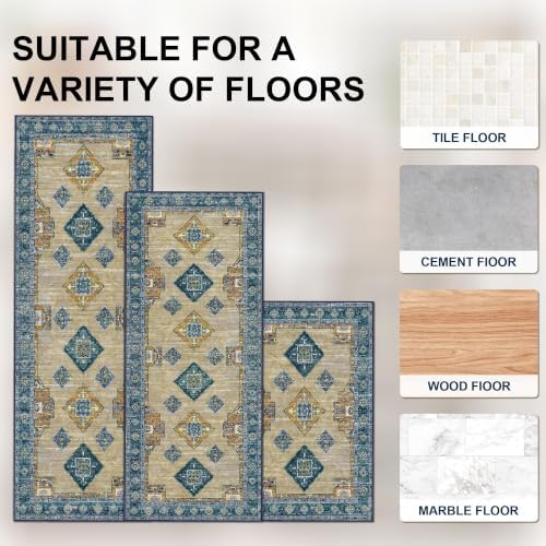 Kitchen Rugs Sets of 3 Non Slip Washable Kitchen Mats for Floor, Tan Blue - Image 4