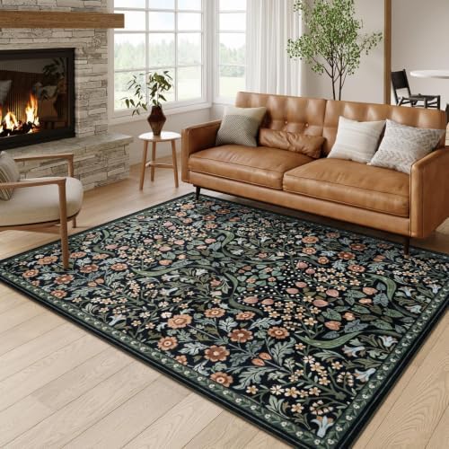 Moynesa Black Vintage Floral Rug, 5x7 Washable Area Rugs for Living Room by Moynesa