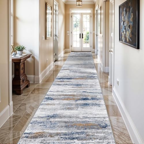 2x12 Washable Runner Rugs for Hallway: Long Abstract Runners for Entryway Dining Room Office - Stain and Water Resistant Rugs with Non-Slip Backing - Soft Low-Pile Carpet Navy Grey by WIEVEDENS
