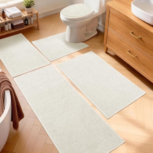 YIHOUSE Beige Bathroom Rugs Sets 5 Piece, Quick Dry Thin Bath Mat with Toilet Rug, Non Slip Absorbent Machine Washable, Bath Runner Rugs for Bathtub Sink Home Decor by YIHOUSE