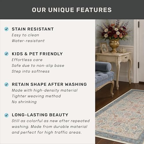 Vintage Boho 2x4 Area Rug for Entryway - Washable Blush Red Slate Blue Kitchen Rug for the Floor, Low Pile Non-Slip Rugs for Bathroom, Floral Bird Pattern Decor & Stain Resistance - Image 6