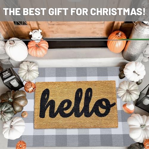 IOHOUZE 27.5x43 Buffalo Plaid Rug, Washable Outdoor Door Mat, Grey White - Image 2