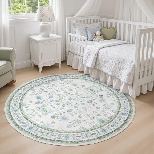 DCX Washable 5x5 Round Area Rug, Blue Green Vintage Oushak Floral by DCXWashableRug