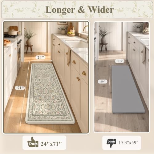 KIMODE Kitchen Mats Cushioned Anti Fatigue, Farmhouse Flower Kitchen Runner Rug, Modern Kitchen Mats for Floor, Padded Kitchen Floor Mats, Beige Home Decor for Sink Laundry Office Bedroom 24"x71" - Image 2