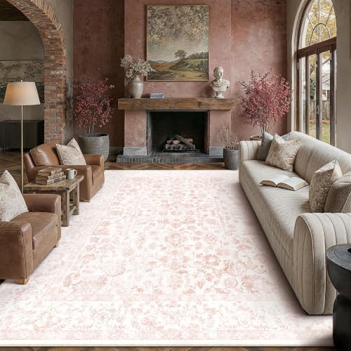 PureCozy 8x10 Pink Area Rug Washable Non Slip Large Vintage Living Room - Image 3
