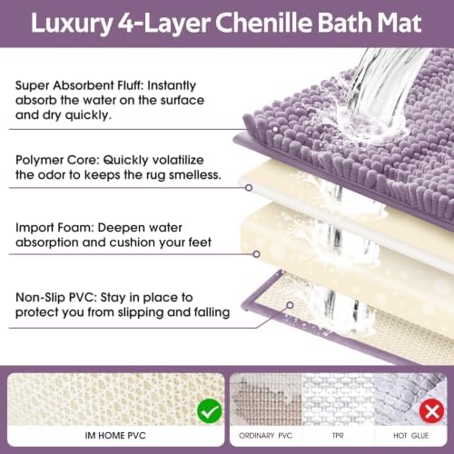 ACCUMTEK Striped Lavender Bathroom Rug Mat Set 2 piece 32"x20"+24"x17" Ultra Soft, Non Slip Chenille Bath Rugs, Absorbent Plush Shaggy Bath Mats for Bathroom, Bedroom, Kitchen, Shower, Tub - Image 5