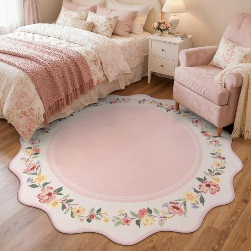 Lahome Round Girls Bedroom Rug 6ft, Pink Floral Area Rug by Lahome