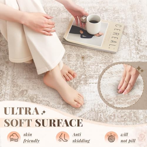 Area Rug 4x6 Vintage Rug: Washable Indoor Medallion Rugs Low Pile Distressed Floor Carpet Retro Accent Rug for Living Room Bedroom Kitchen Dining Table Home Office(Beige, 4'x6') - Image 5