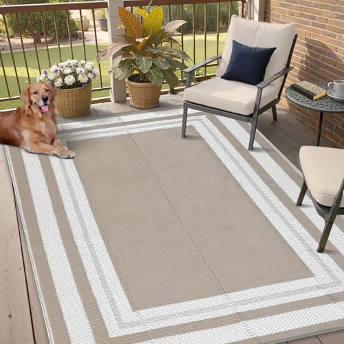 GAOMON 9x12 Outdoor Rug for Patios Waterproof Plastic Straw Rug Reversible Mat Modern Bordered Lightweight Carpet for Patio Porch RV Backyard Pool Deck Picnic Beach Trailer Camping Border-Coffee - Image 2